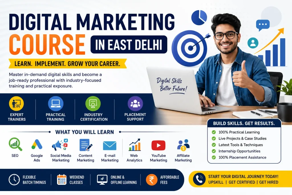 Digital Marketing Course in East Delhi with SEO, Google Ads, Social Media Marketing, Content Marketing, Email Marketing and Placement Support