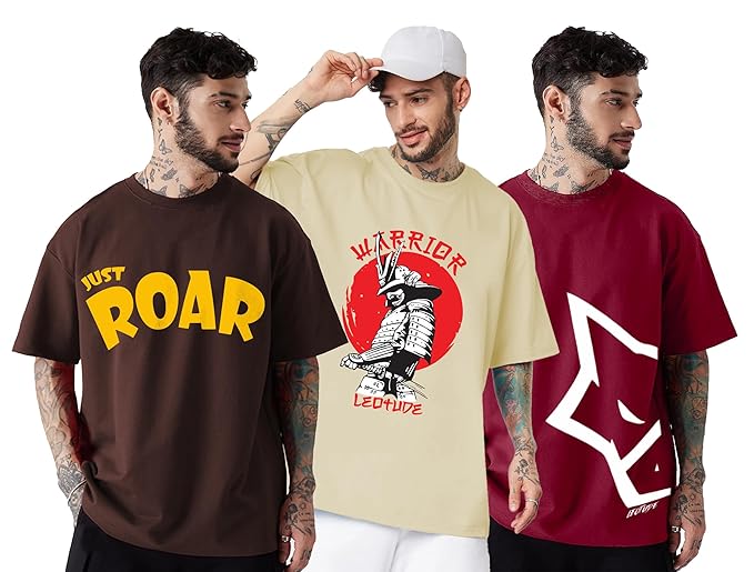 LEOTUDE Men's Cotton Regular Fit Half Sleeve Oversized Tshirt, Round Neck Longline Drop Shoulder | ful Printed Combo T-Shirt
